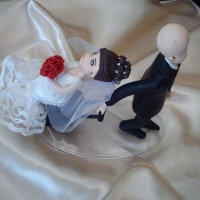 Topo de bolo , noiva sentada na mala ,puxada pelo noivo . Roupa da noiva em cetim e rendas.