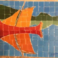 Quadro em mosaico de pastilhas de vidro e cermica "Reflexos de um Barco"