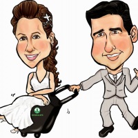 Caricatura para convite de casamento retratando caractersticas dos noivos.