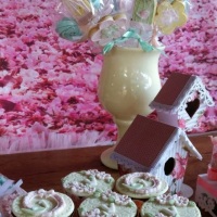 Bolachas decoradas e cupcakes em pasta americana.