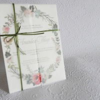 Convite de casamento aquarela em papel especial e lao de cetim - parte 1