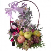 cesta de flores e frutas