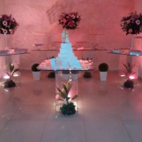 Mesa de bolo e doces em vidro transparente com iluminao e paisagismo interno.